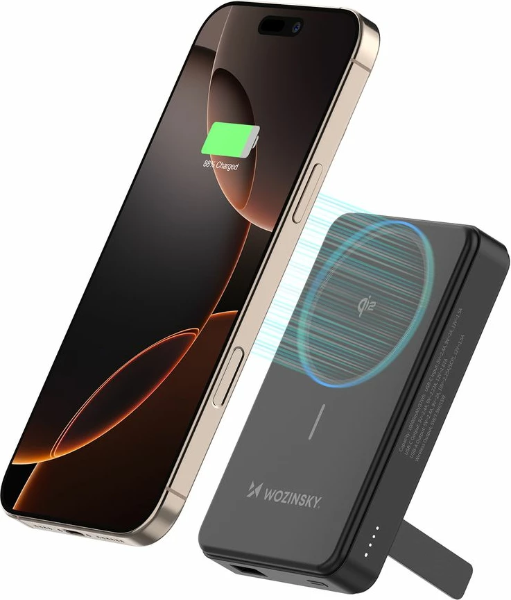 Zunanji akumulator Wozinsky WLWP-10KA0Y3S, 10.000 mAh, 22,5W PD, Qi2, s stojalom, črn