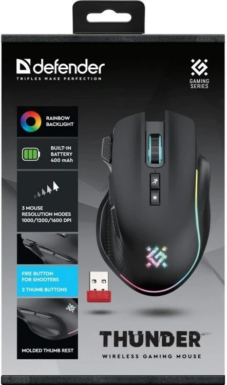 Optični igralniški miš, Defender GM-213 Thunder RF 1600 dpi 8P, črn