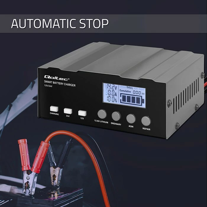 Pameten polnilec baterije Qoltec 52491, 12 V/12.6 V/24 V, funkcija obnove, LCD, črn