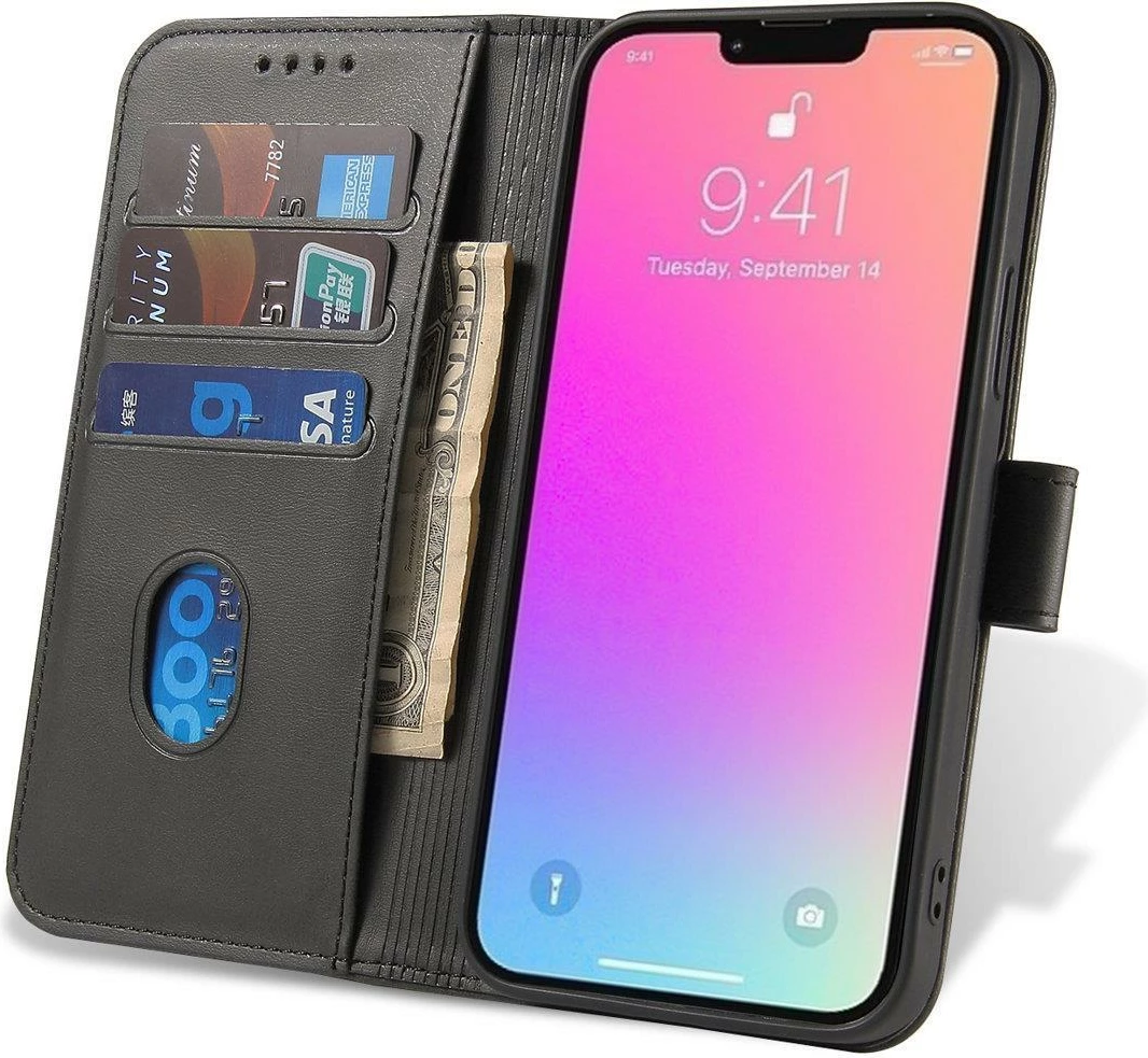 Ovitek za telefon s magnetnim pokrovom, etui, denarnica in stojalo Hurtel Magnet Case za Vivo Y35 / Vivo Y22 / Vivo Y22s, črn