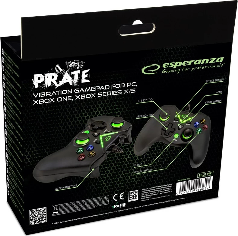 Žični kontroler, Esperanza EGG114K za PC/Xbox One, Xbox S, Xbox X, črn
