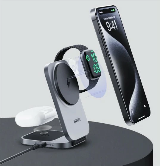 Brezžični 3-v-1 polnilec AUKEY LC-MC312 MagSafe Qi2, 15W + PD 30W, siv, s torbico za prenašanje