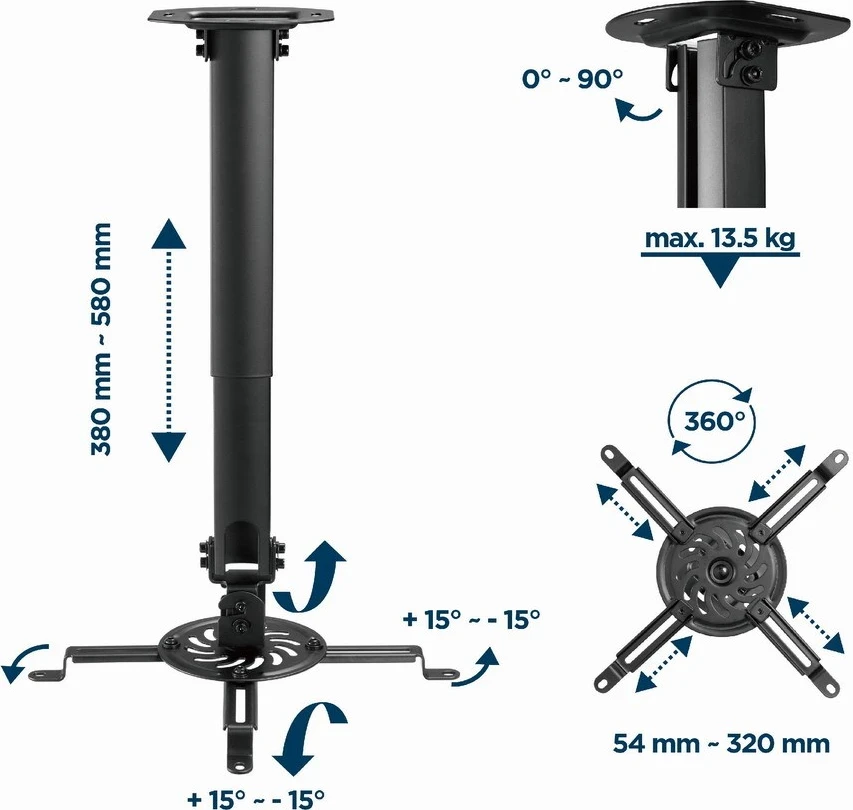 Stropni nosilec za projektor, GEMBIRD CM-B-01, črn