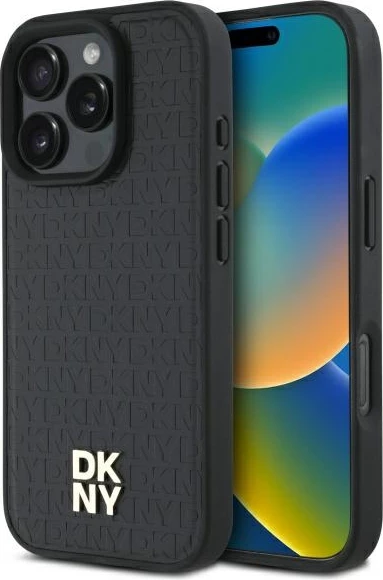 Ovitek za telefon DKNY Repeat Pattern Stack Logo MagSafe za iPhone 16 Pro Max, črn