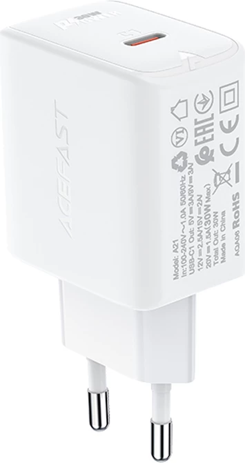 Stenski polnilec Acefast A21, USB-C, 30W, GaN, bel