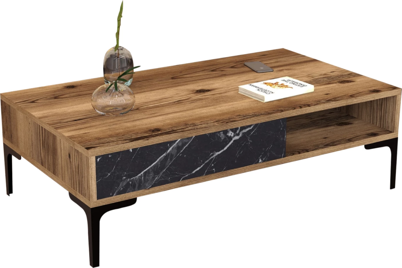 Klubska miza FH9503.04 melamin oreh-črni marmor videz & kovinske noge 105x60x32.6Hcm