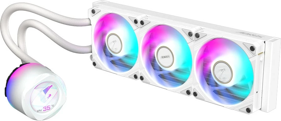 Tekoče hlajenje AORUS WATERFORCE X II 360 ICE, 3x120mm ARGB, LCD, Gigabyte, belo — za Intel LGA 1851 in AMD AM5