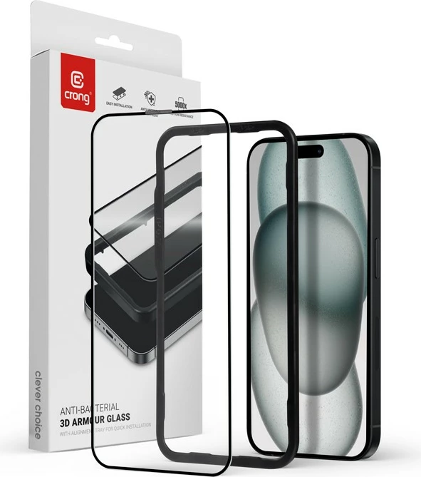 Zaščitno steklo 3D Armour Glass za iPhone 16 / iPhone 15, CRONG, 9H, antibakterijsko