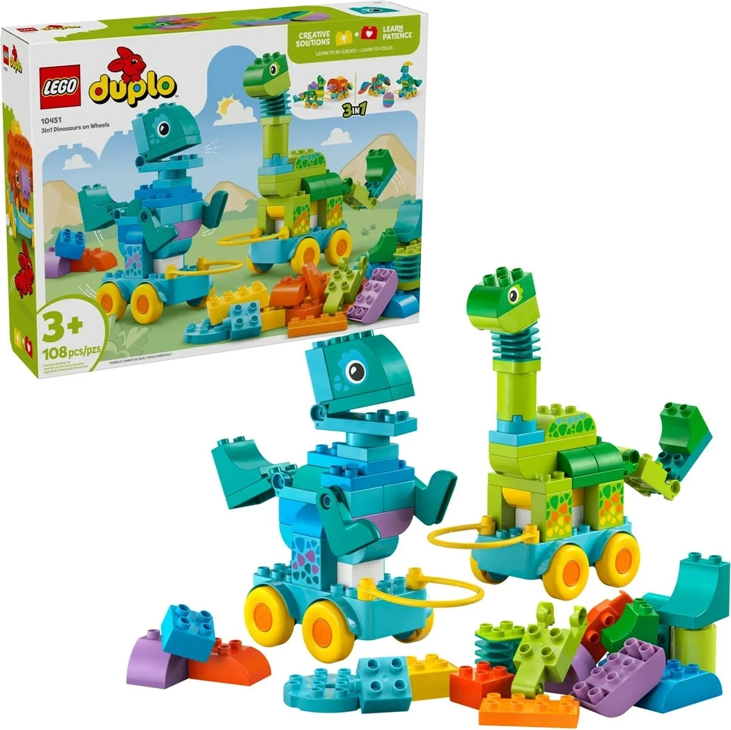 Igralni set 3-v-1 Dinosauri na kolesih, LEGO DUPLO, 108 kosov, za otroke 3+ let