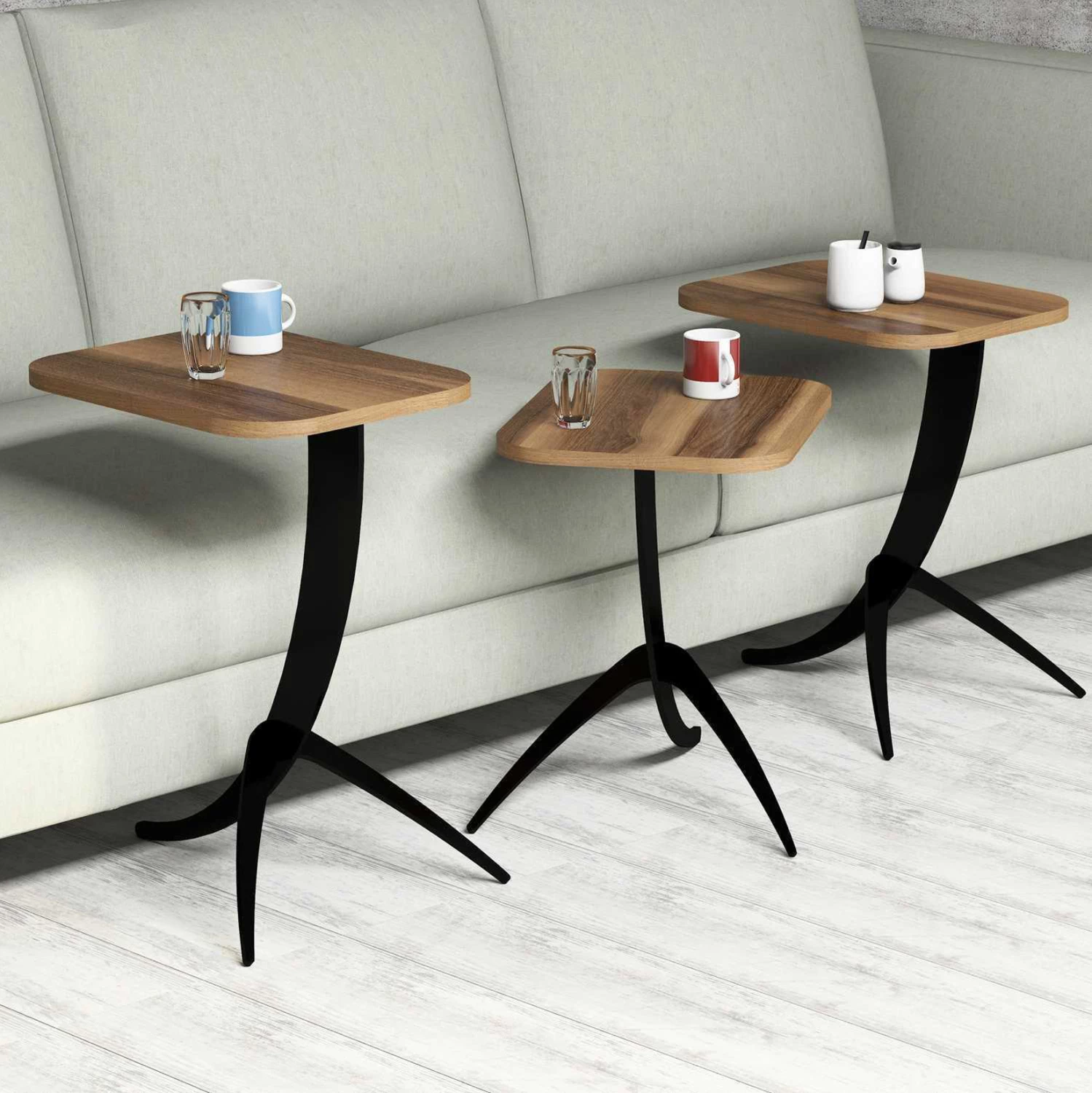 Pomožne mize 3 kosi FH9508.03 melamin v barvi oreha-črne kovinske noge 35x45x60H cm