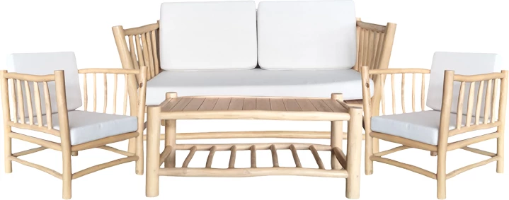 Vrtni sedežni set iz tikovega lesa, beli blazini Mayorka, 4 kosi