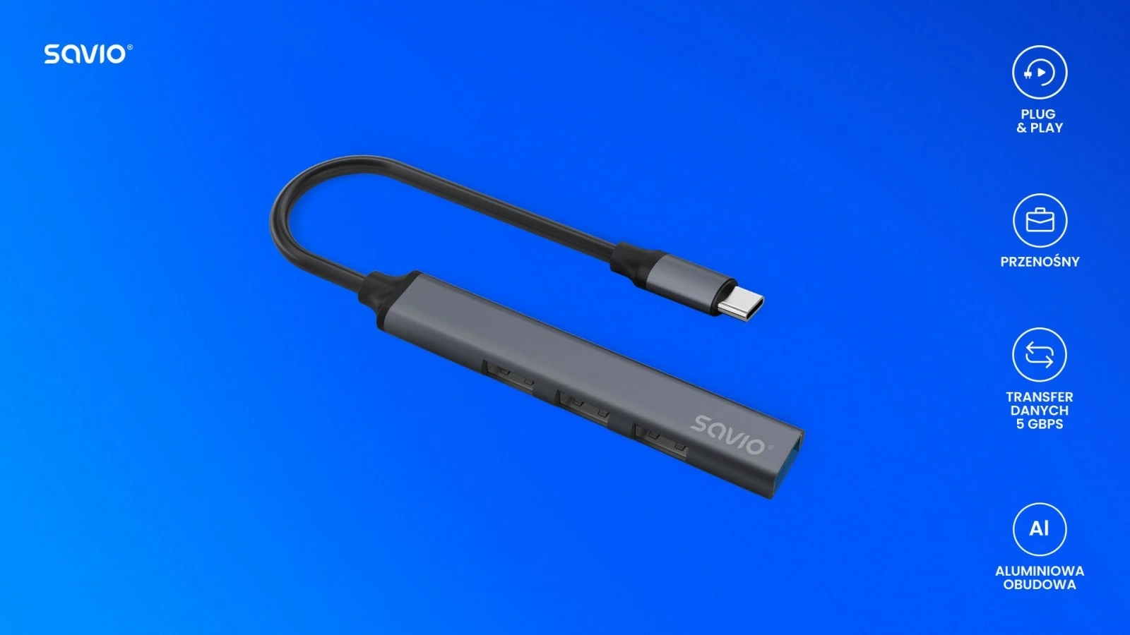 USB-C razdelilec Savio AK-71, 4 vrata (3x USB-A 2.0, 1x USB-A 3.1 Gen 1), siv