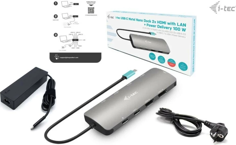 Docking postaja USB-C Metal Nano i-tec, 2x HDMI, LAN, Power Delivery 100W, siva