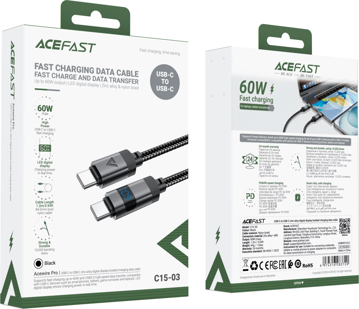 USB-C na USB-C kabel z LED zaslonom Acefast C15-04, 1,2 m, 60 W, črn