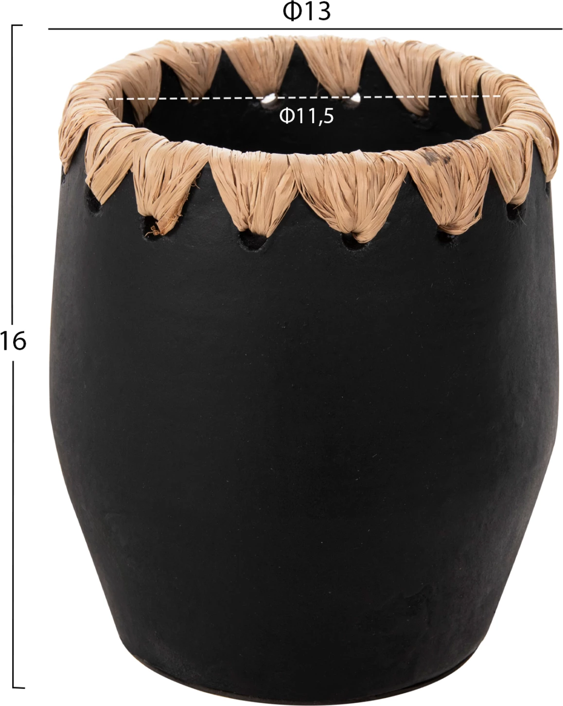 Dekorativna vaza FH4368 iz terakote v črni barvi s slamnato pletenino na robu Φ13x16Hcm