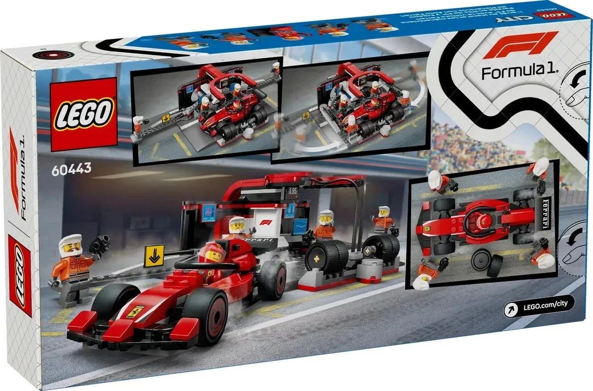 Set za dirke LEGO City, Pit Stop & ekipa za postanek z dirkalnikom Ferrari, rdeč – 60443