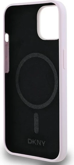Ovitek iz tekočega silikona z majhnim kovinskim logotipom DKNY MagSafe za iPhone 14/15/13, rožnat