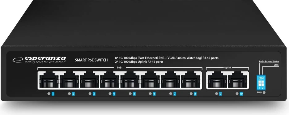 Networšni preklopnik Esperanza ENS106, 10 vrat, PoE, 10/100, 96W, črn