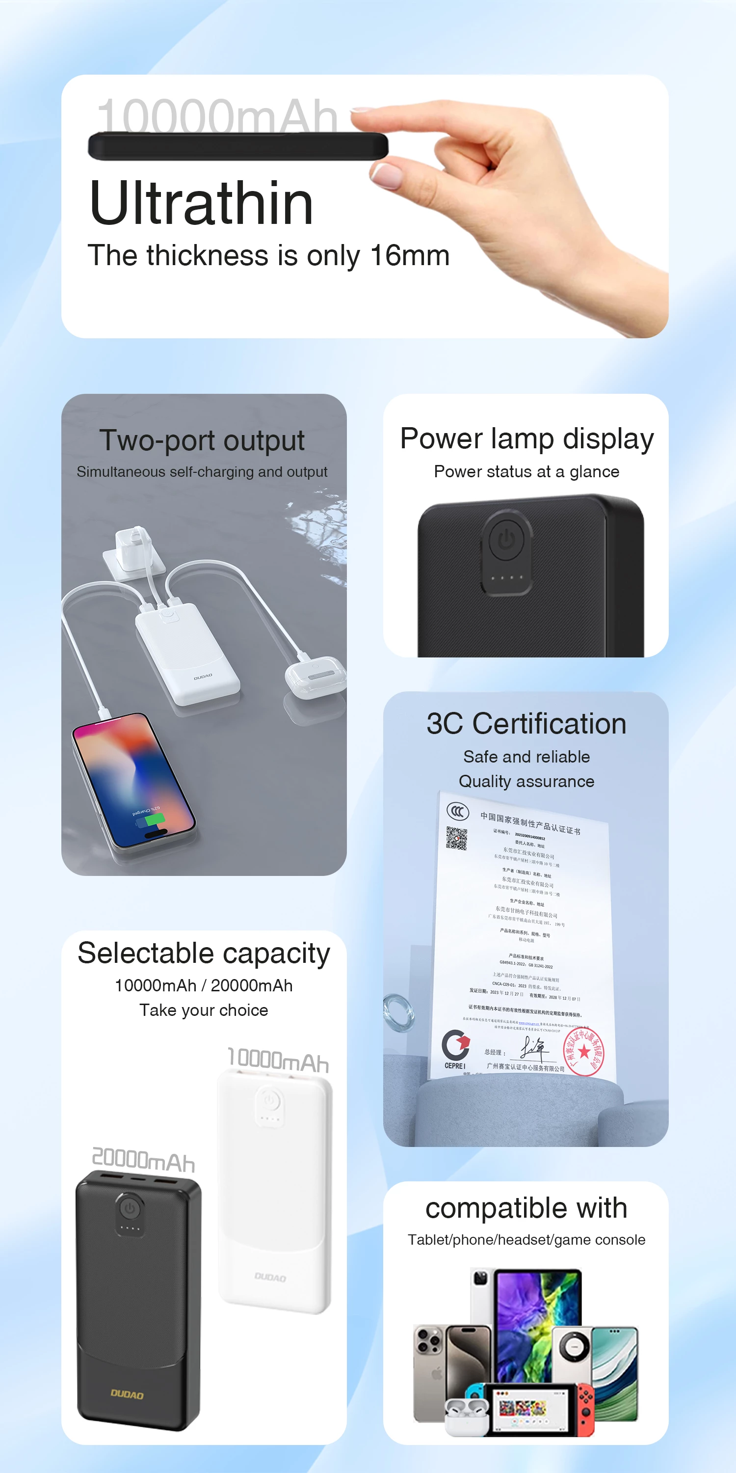 Prenosna baterija 10000 mAh, Dudao K10, 2x USB-A, USB-C, črna