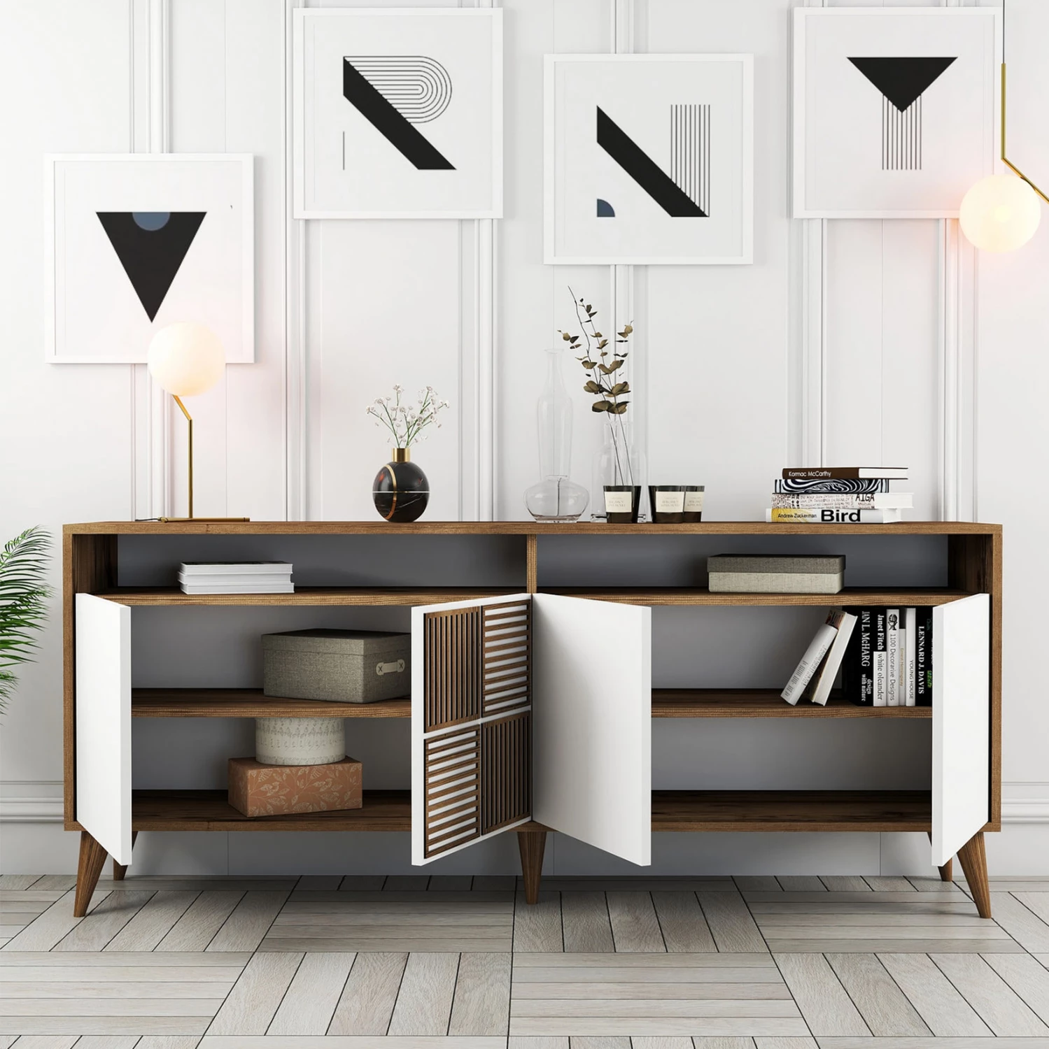 Bife iz melamina v barvi oreha z belimi vrati 180x35x78.6H cm FH9431.02