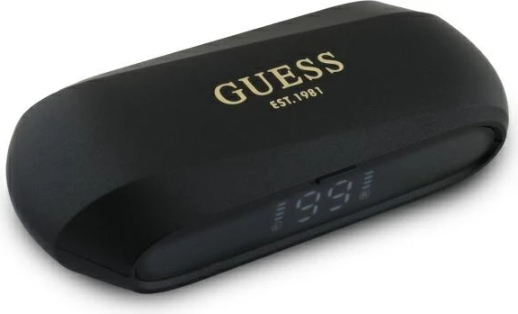 TWS slušalke z metalnim podolgovatim logotipom Guess, polnilna postaja, Bluetooth 5.3, črne