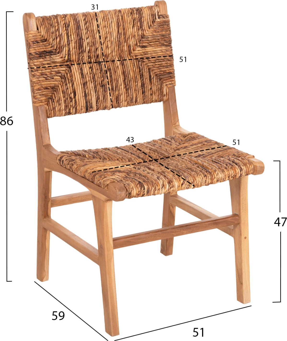 Stol FH9399.11 iz tikovine s slamnato oblazinjenjem na naslonjalu in sedežu naravne barve 51x60,5x88H cm