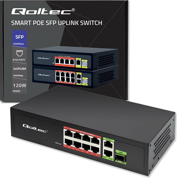 Omrežni preklopnik Qoltec 52297, 8x RJ45 PoE, 2x RJ45 uplink, 1x SFP, 120 W, 1000 Mb/s, črn