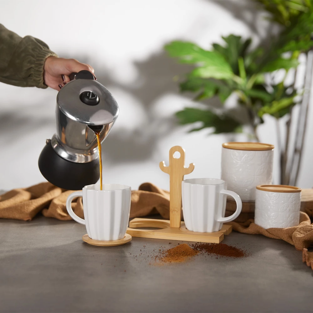 Set skodelic za espresso Cactus, bel porcelan, naravni bambus, 2 kosa, 20x12x17 cm