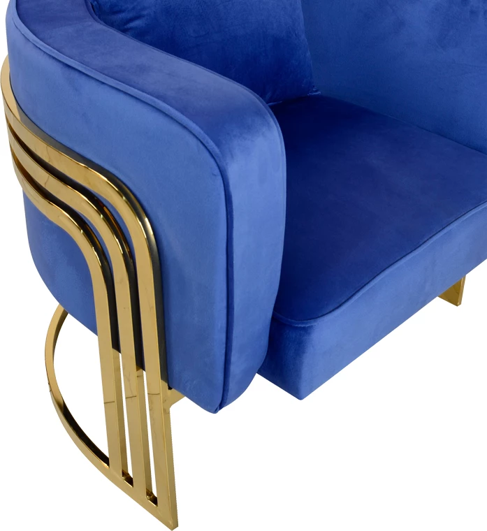 Stol z modrim žametnim oblazinjenjem in zlatim kovinskim ogrodjem, Roblu, 72 x 77,4 x 70 cm