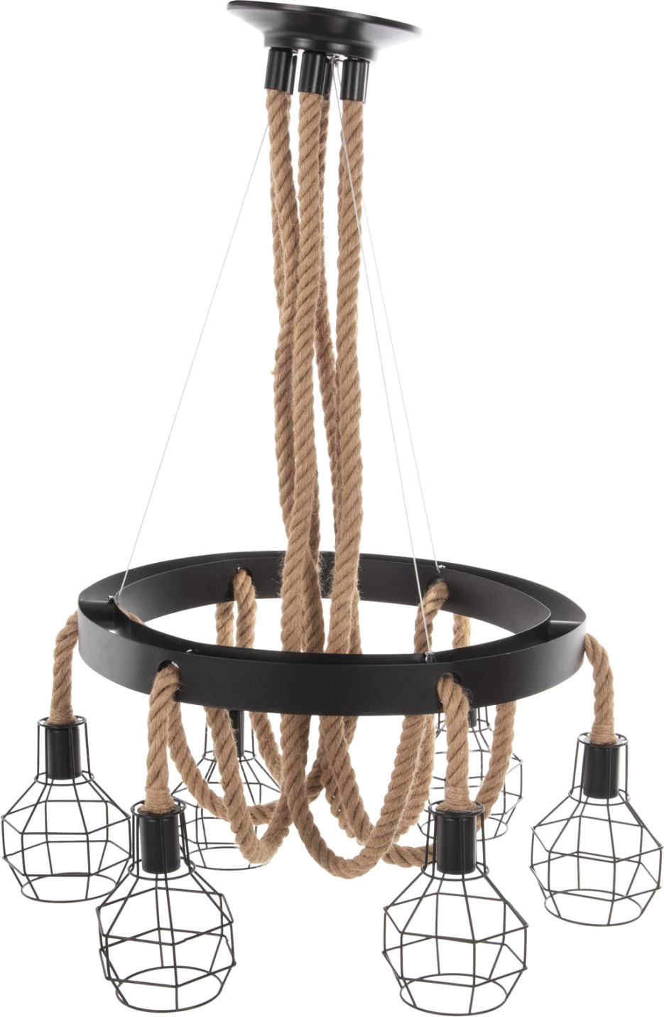 Stropna viseča svetilka FH4130 6-delna črna kovina-vrv Φ54-60x125Hcm