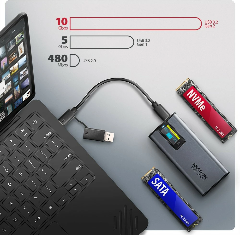 Zunanje računalniško ohišje za SSD AXAGON EEM2-SD2, M.2 NVMe/SATA, USB-A/C 3.2 Gen2, LCD zaslon, sivo