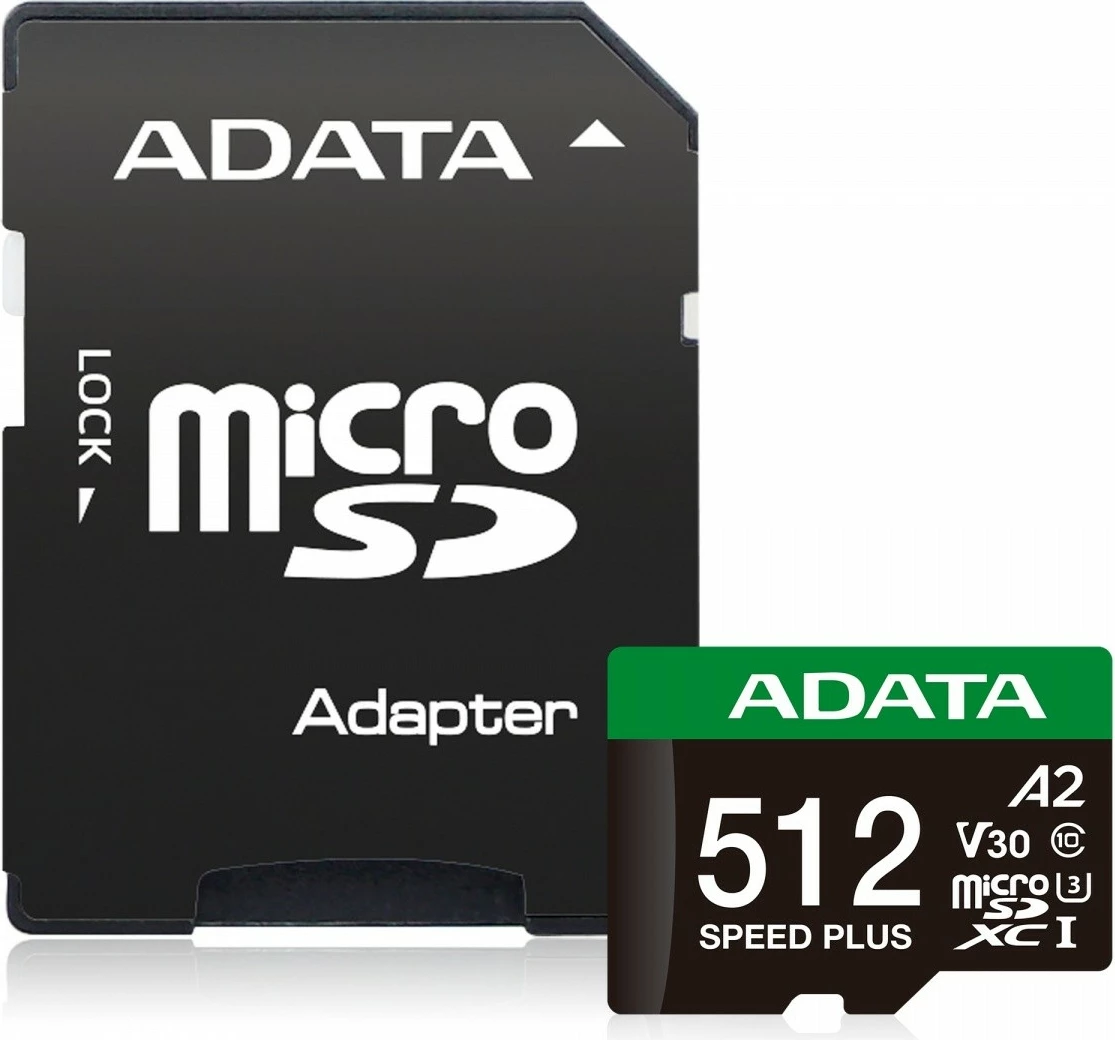 MicroSD pomnilniška kartica 512 GB Adata Speed Plus, s SD adapterjem, SDXC, UHS-I, A2, V30, črna