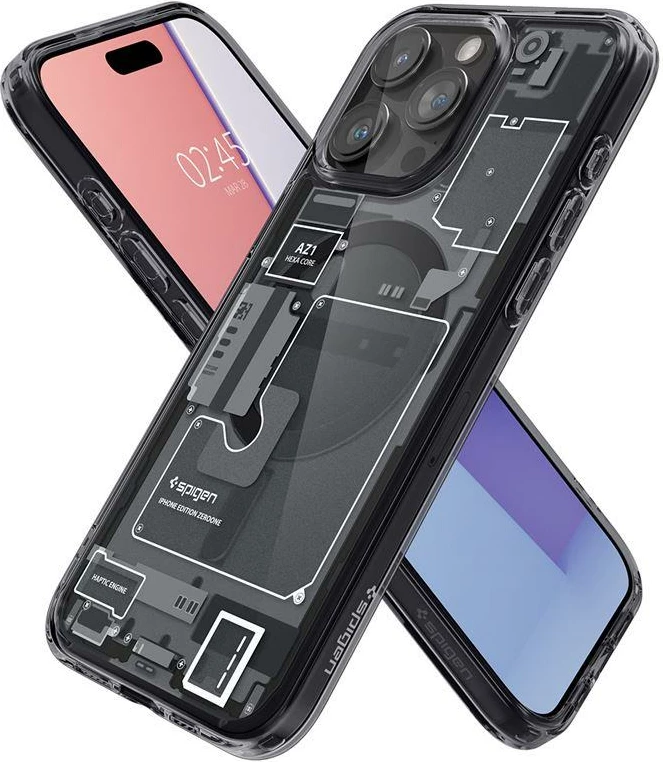 Prozoren zaščitni ovoj z magnetom Spigen Ultra Hybrid Mag za iPhone 15 Pro, MagSafe, Zero One, prozorno/siv