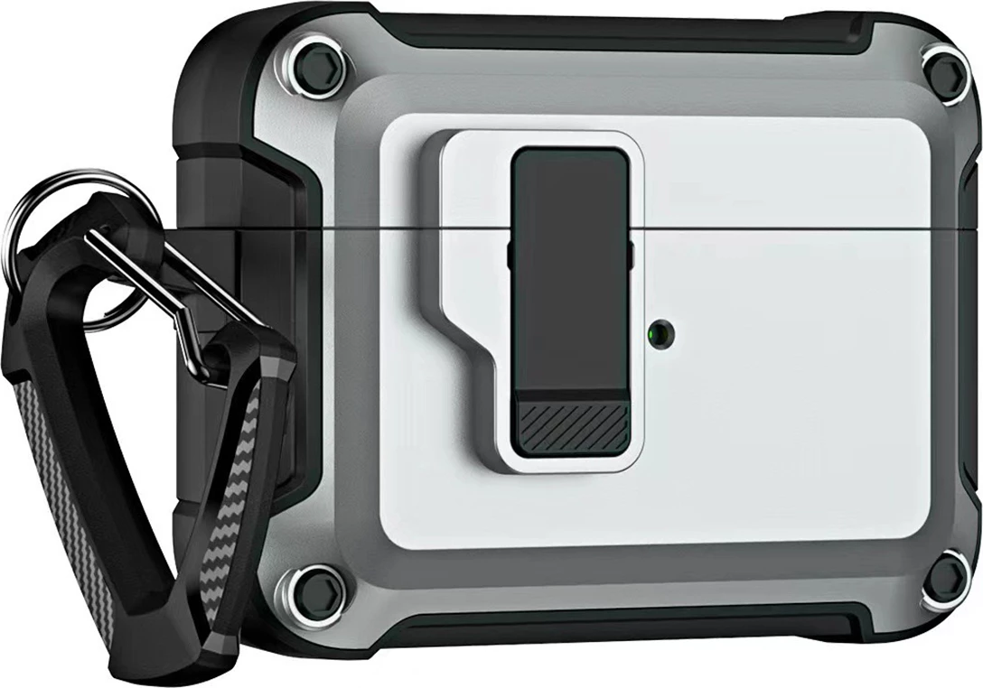 Ovitek za AirPods 4 Hurtel Pro Armor, svetlo siv, s kovinskim karabinom