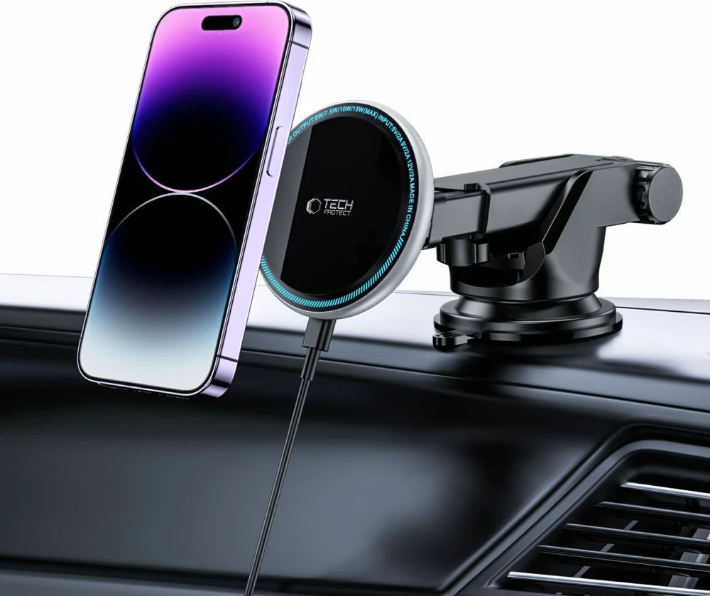 Magnetno držalo za pametni telefon s brezžičnim polnjenjem, 15 W, za armaturno ploščo, črno, Tech‑Protect A2