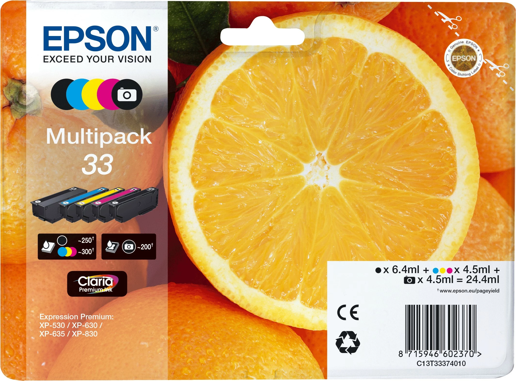 Multipack črnila Claria Premium 33, 5 barv, Standard Yield, črn, foto črn, cijan, magenta, rumena — Epson
