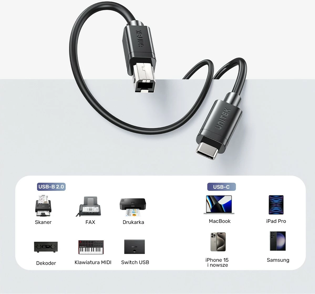 Kabel USB-C na USB-B 2.0, 5 m, črni - Unitek