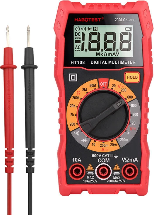 Digitalni multimeter Habotest HT108L, 2000 števk, True RMS, osvetljen zaslon, CAT III 600 V, z merilnimi žicami