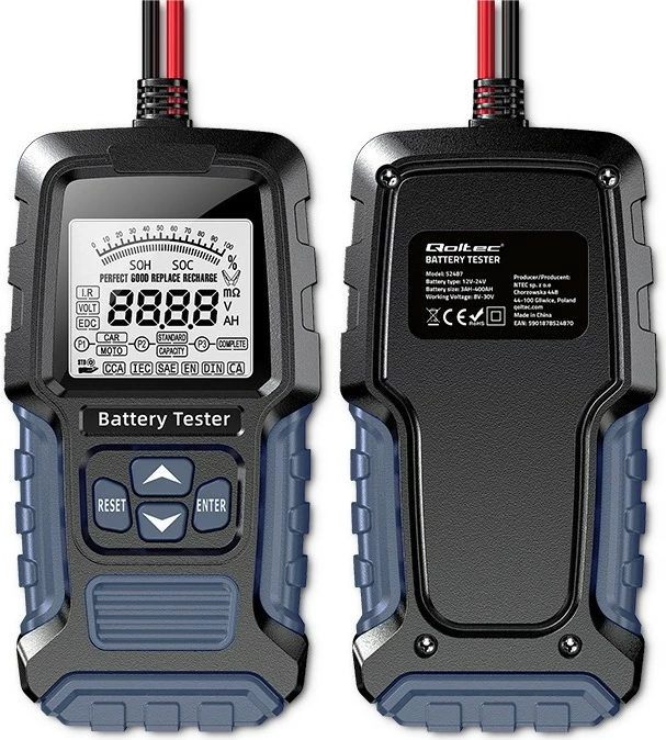 Tester baterije Qoltec 52487, digitalni, LCD, 12V/24V, 3Ah–250Ah, črno/moder