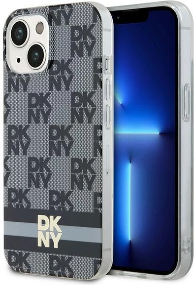 Zaščitni ovoj z vzorcem DKNY IML Checkered Mono in potiskanimi črtami MagSafe za iPhone 15/14/13, črn