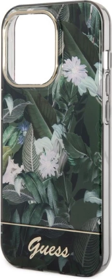 Trd ovitek z rastlinskim vzorcem, Guess Jungle Collection za iPhone 14 Pro 6,1", zelen