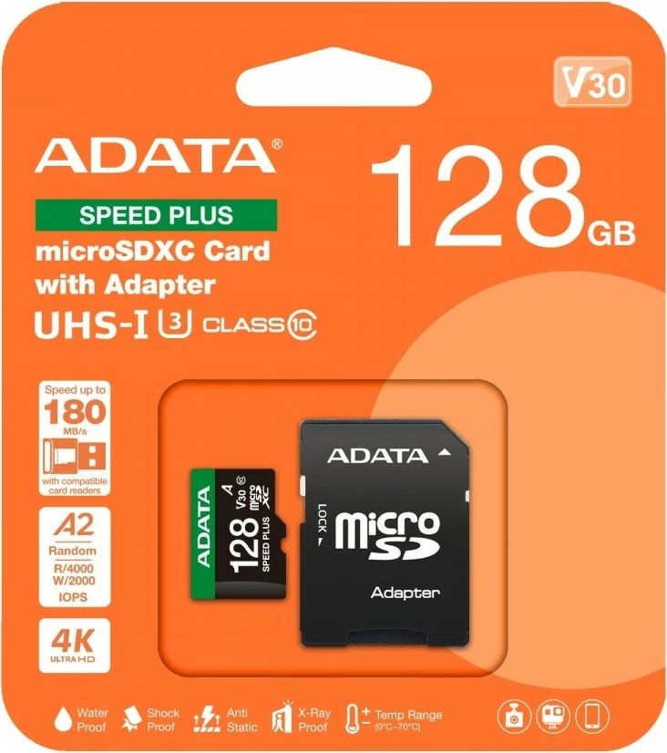 Pomnilniška kartica microSD 128 GB Adata Speed Plus, UHS-I U3 V30 A2, z adapterjem, črna