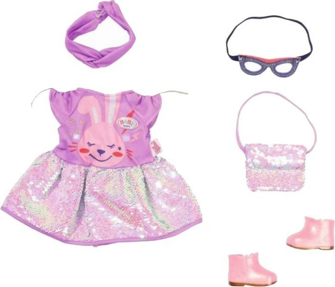 Komplet oblačil za lutke, BABY born Zapf, 43 cm, obleka s šljokicami, torbica, maska, trak in škornji, vijolična