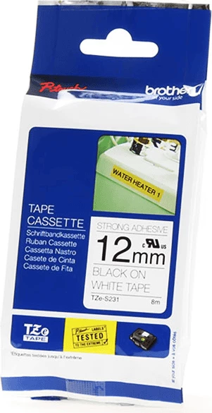 Etiketni trak Brother TZe-S231, 12 mm, 8 m, močno lepilo, črn na belem