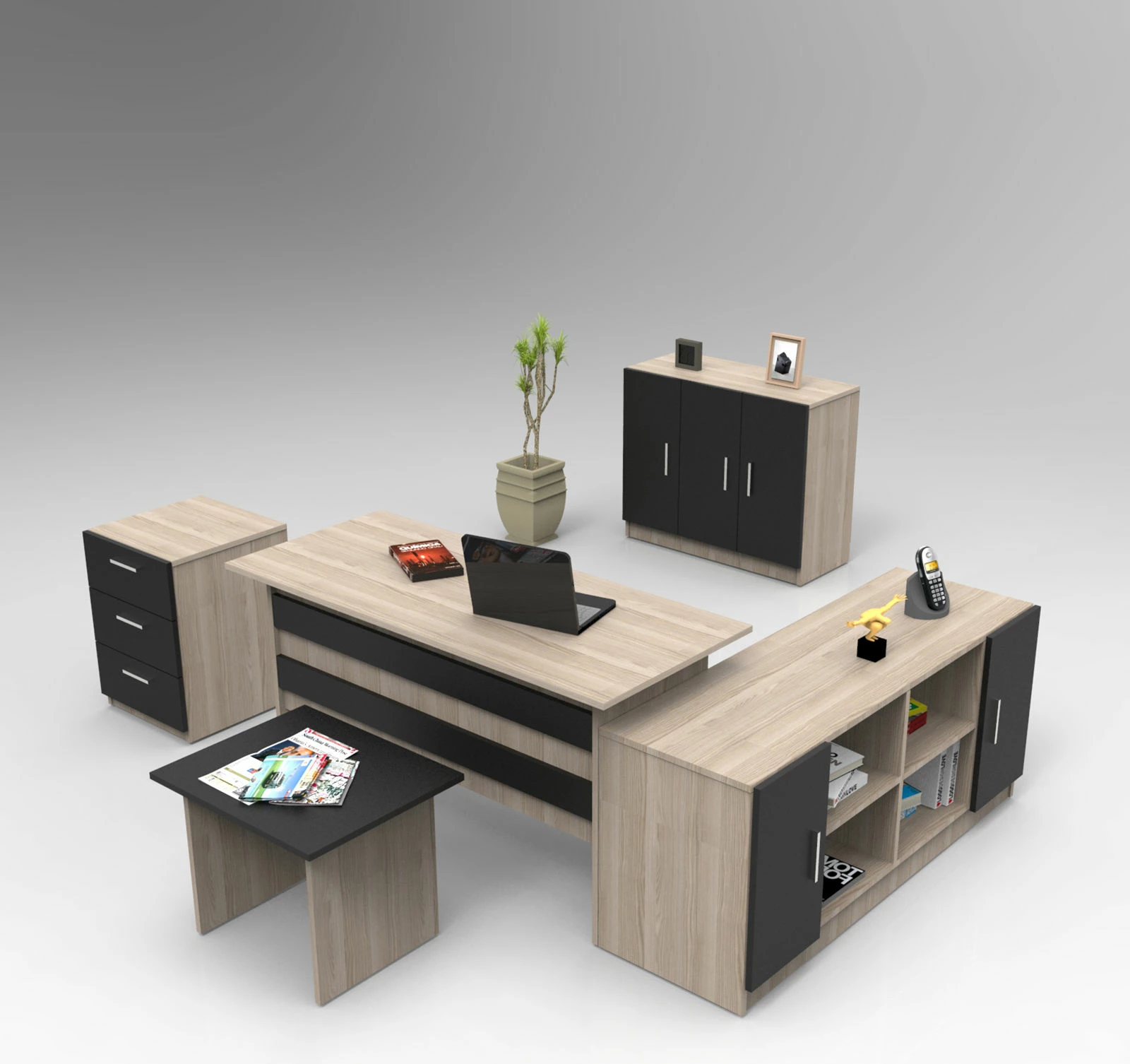 Set pisarniškega pohištva Hanah Home Vo16-Ob, hrast/črn