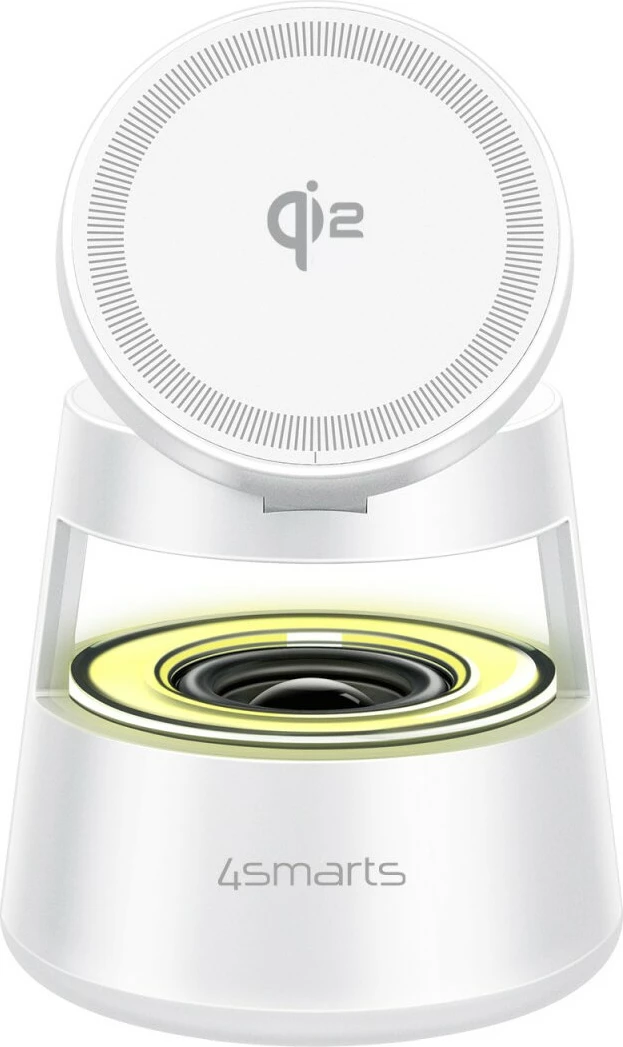 Brezžični polnilec z zvočnikom 4smarts Aura Sound, Qi2, Bluetooth 5.1, 15W, bel