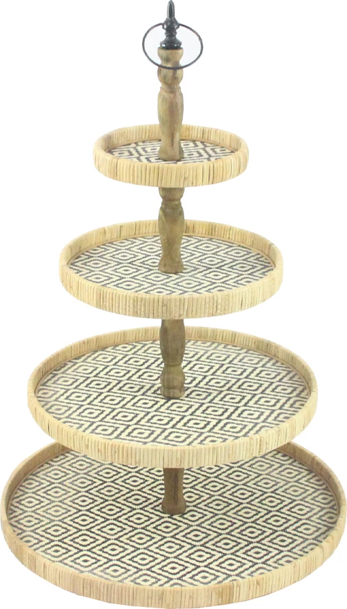 Stojalo s 4 nivoji za okraske, naravni ratan, črno leseno, 50x50x76 cm