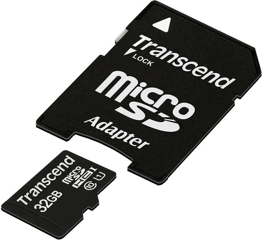 Kartica microSDHC 32GB, Class 10, UHS‑I, z adapterjem, črno/rdeča (Transcend)