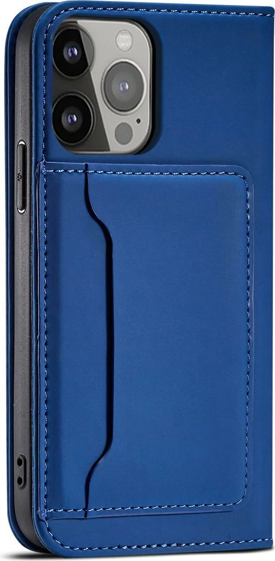 Ovitek za telefon Hurtel Magnet Card Case za iPhone 14, z ovitkom, žepi za kartice in držalom, moder