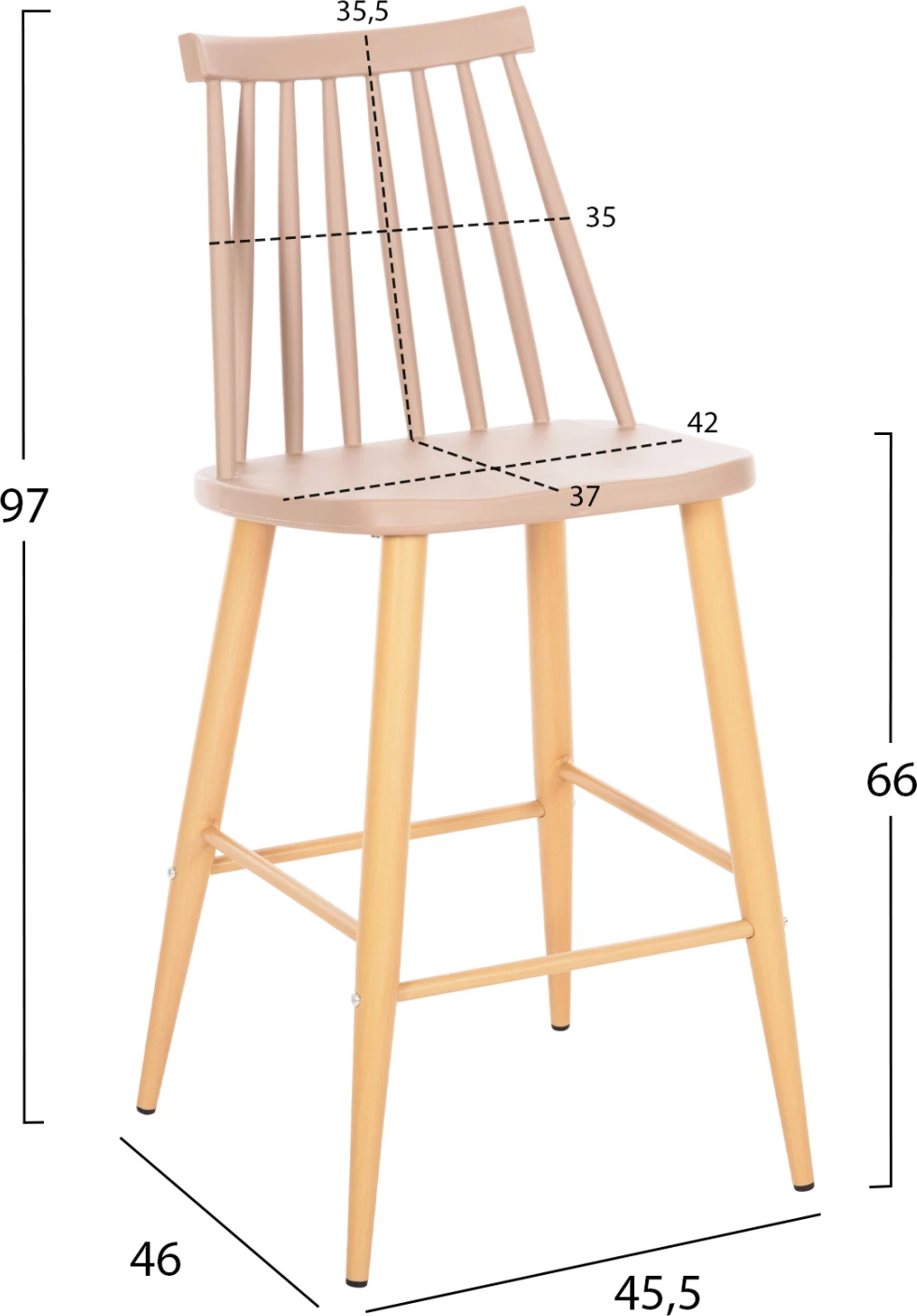 Barski stol srednje višine VANESSA FH9300.25 kapučino PP & kovinske noge v barvi lesa 45,5x46x97Hcm, set 2 kosov